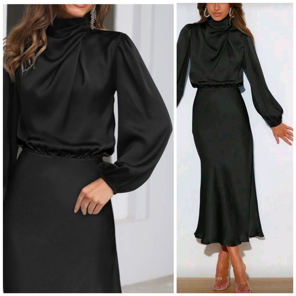 NEW Chic Draped Wrap Halter Neck Satin Midi Dress Bishop Long Sleeve Black